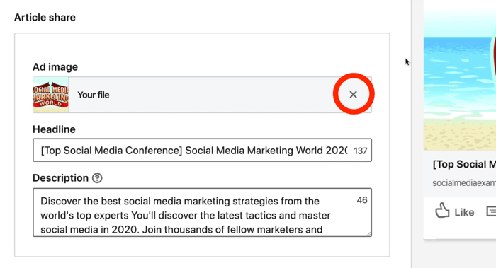 screenshot of X button circled in red next to LinkedIn ad image during setup