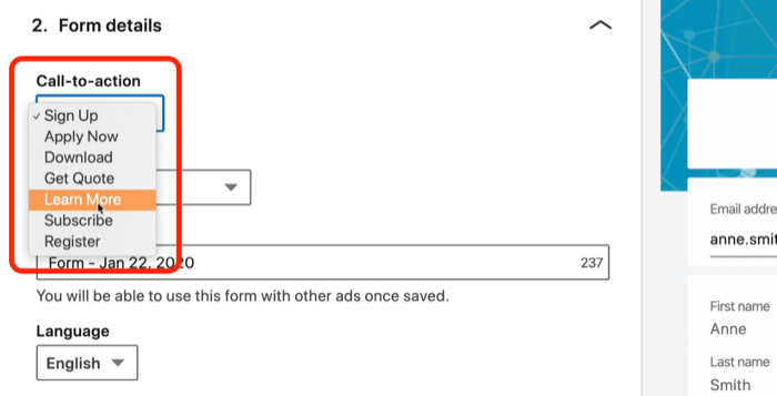 screenshot of Learn More call to action button selected for LinkedIn ad