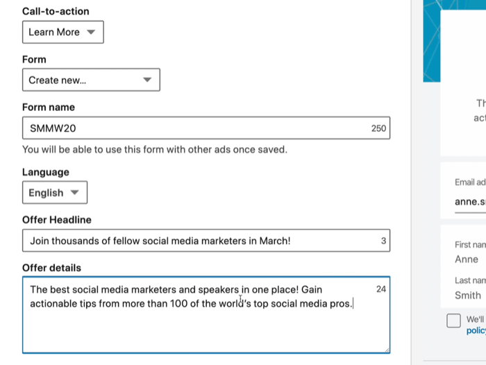 screenshot of LinkedIn lead gen form fields selected for LinkedIn ad