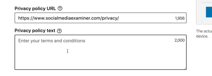 screenshot of privacy fields for lead gen form in LinkedIn ad setup