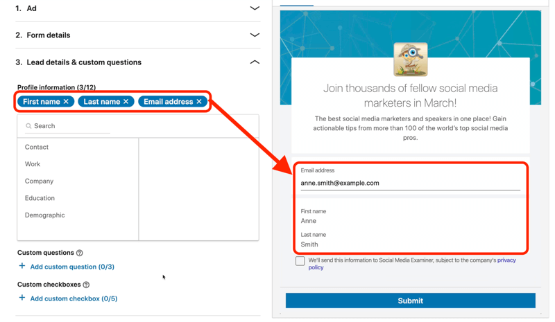 screenshot of default settings for lead gen form in LinkedIn ad setup