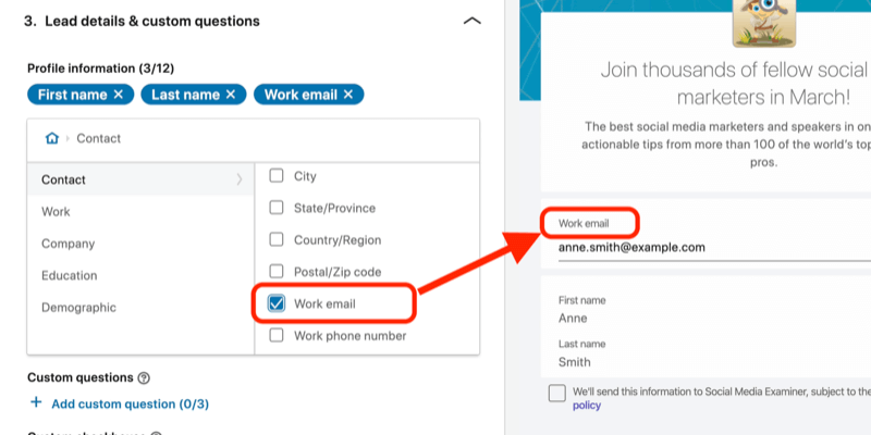 screenshot of Work Email field selected for lead gen form in LinkedIn ad setup