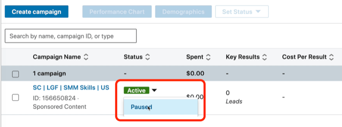 screenshot of Paused option in LinkedIn Campaign Manager