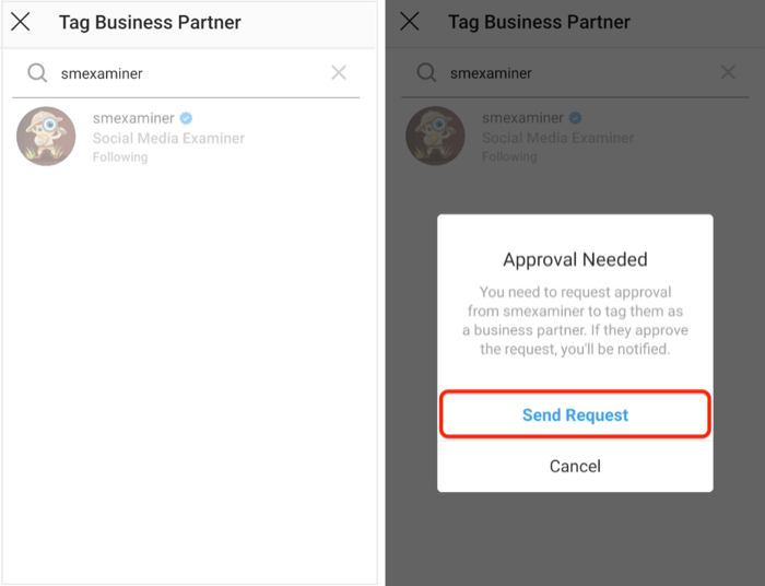 send request for approval to business partner on Instagram