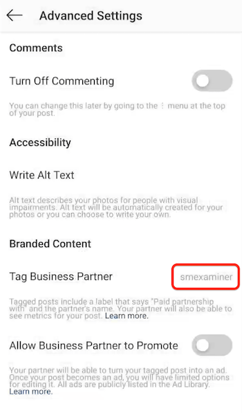 Instagram account name listed as tagged branded partner