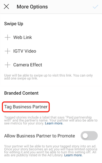 Tag Business Partner option for Instagram Stories