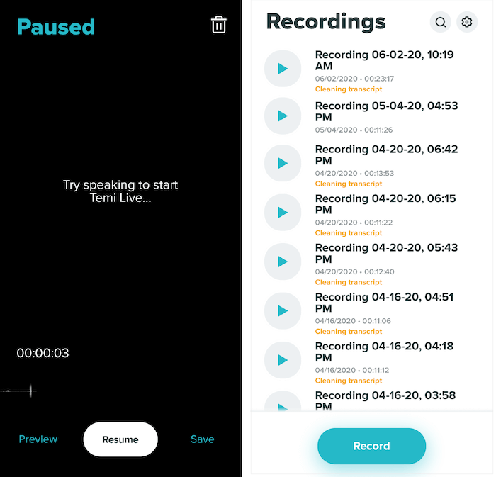 recordings in Temi mobile app