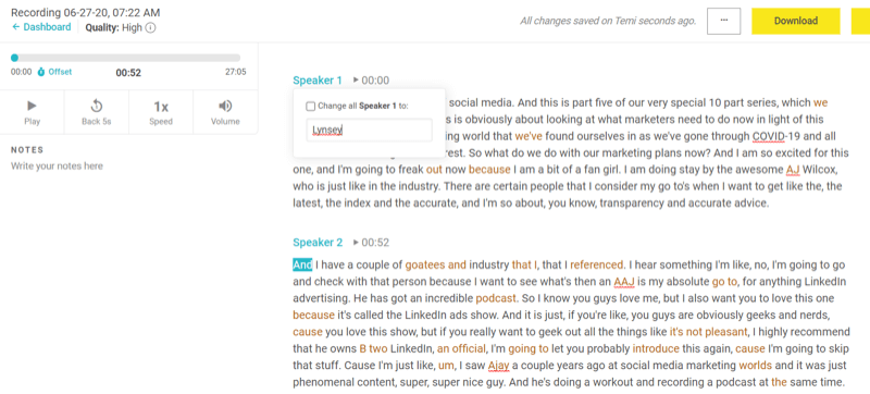 edit speaker name in transcript from Temi on desktop