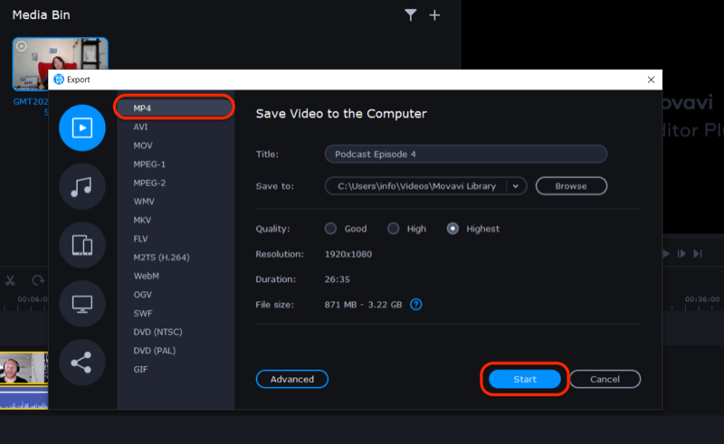 export video file in Movavi Video Editor Plus