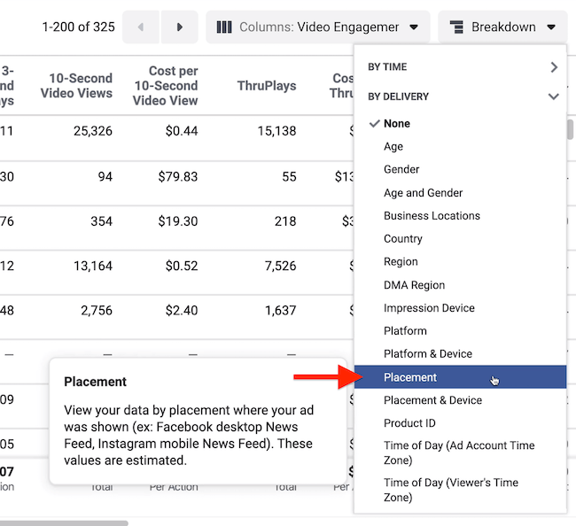 Breakdown drop-down menu in Facebook Ads Manager