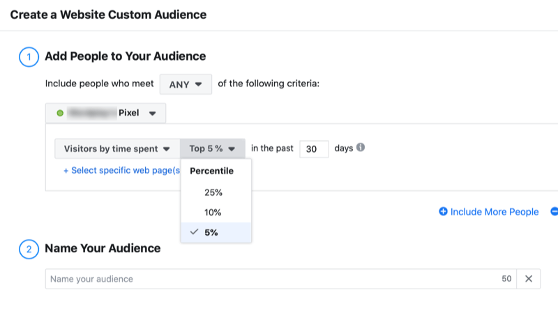 set up Facebook website custom audience by time spent