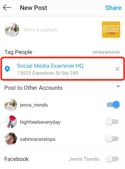 instagram new post option showing a location selected for tagging