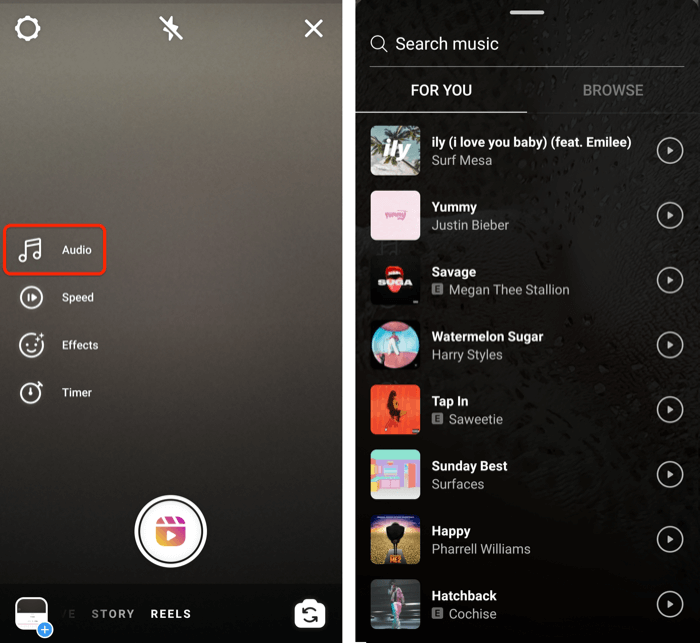 screenshots showing the instagram reels audio options and several sample songs available