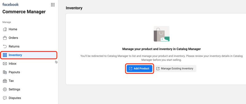 add product option under the inventory tab of the facebook commerce manager set-up menu