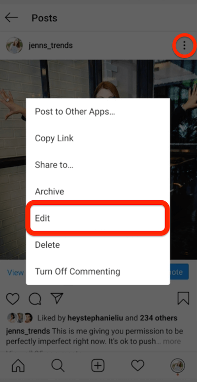 three dots menu for an instagram post showing the option to edit the post