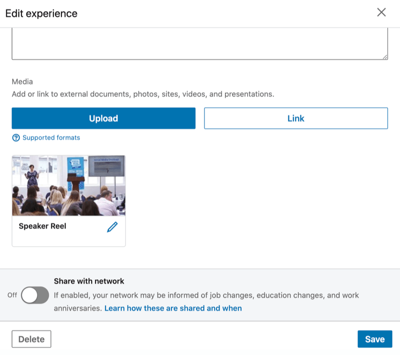 linkedin experience section showing the option to upload an external video, among other items