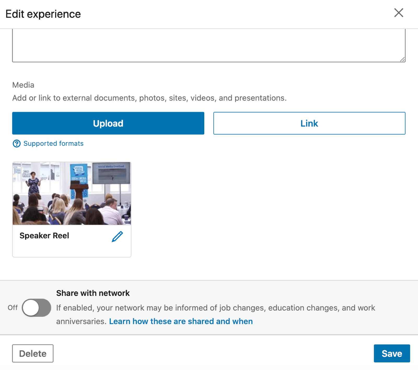 linkedin experience section showing the option to upload an external video, among other items