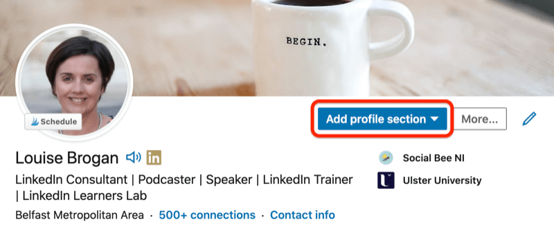 sample linkedin profile with the ad profile section button highlighted