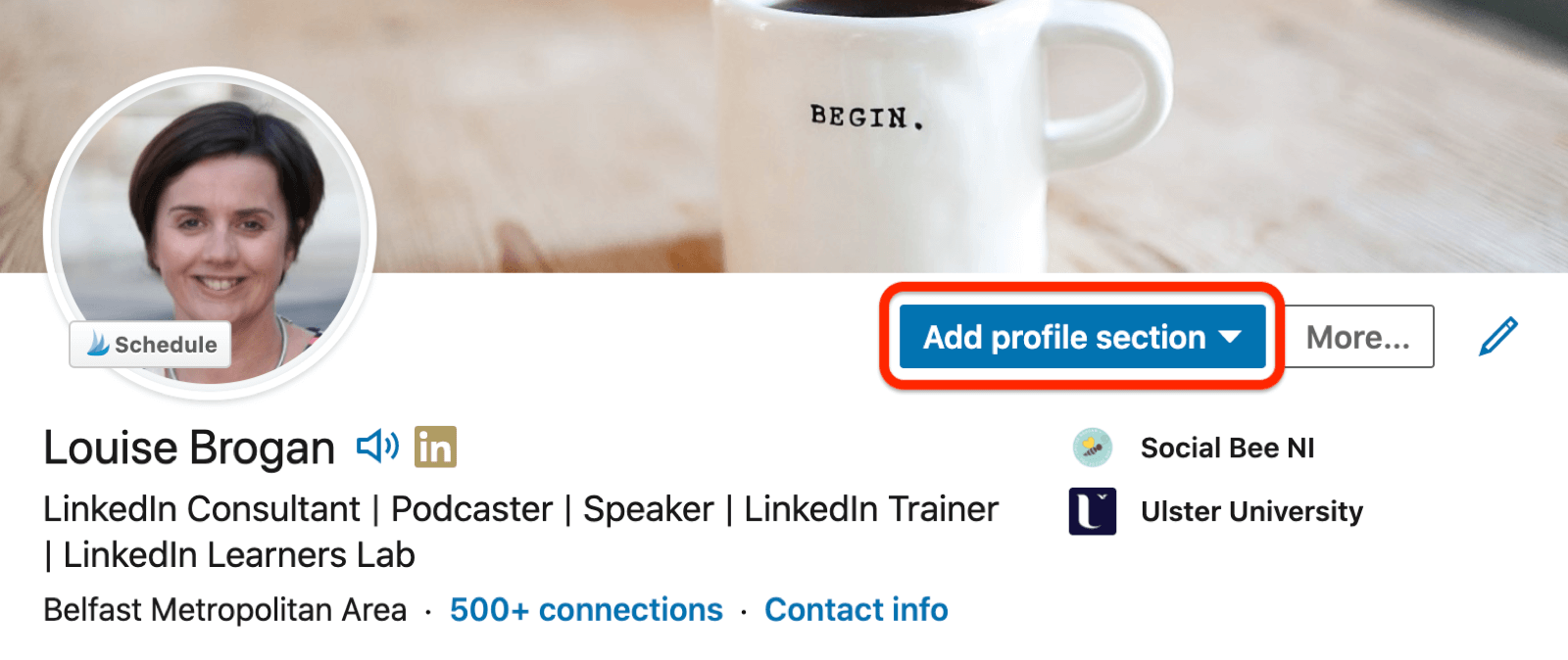 sample linkedin profile with the ad profile section button highlighted