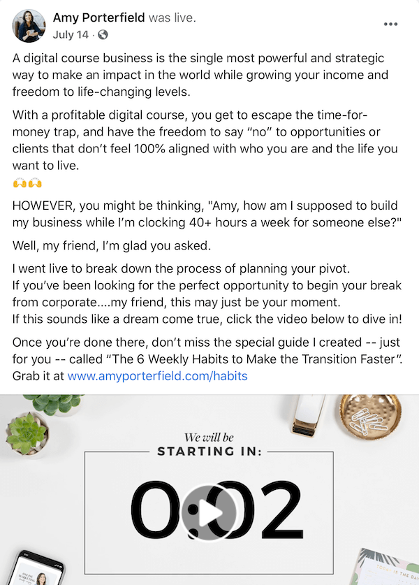 example of a facebook post of amy porterfield live, discussing how a digital course can benefit your business