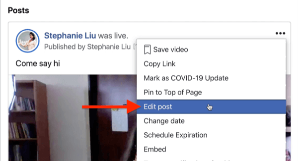 option to edit the post of the facebook live stream under the three dots menu in the top right corner of the stream post