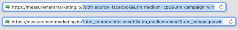 example of urls with utm tags coded in with the utm portion of the urls highlighted showing facebook / cpc and infusionsoft / email as parameters for the campaign of win