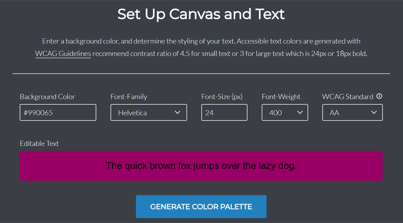 Screenshot of the Colorsafe website. The page is titled Set up canvas and text. Users can define the background color, font family, font size, font weight and WCAG standard they wish to use. A button at the bottom of the page reads, Generate color palette.