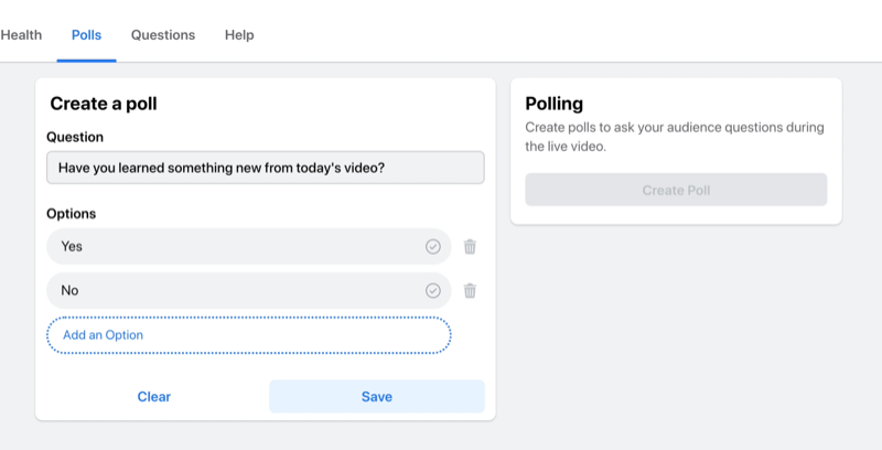 facebook live stream option to create a poll