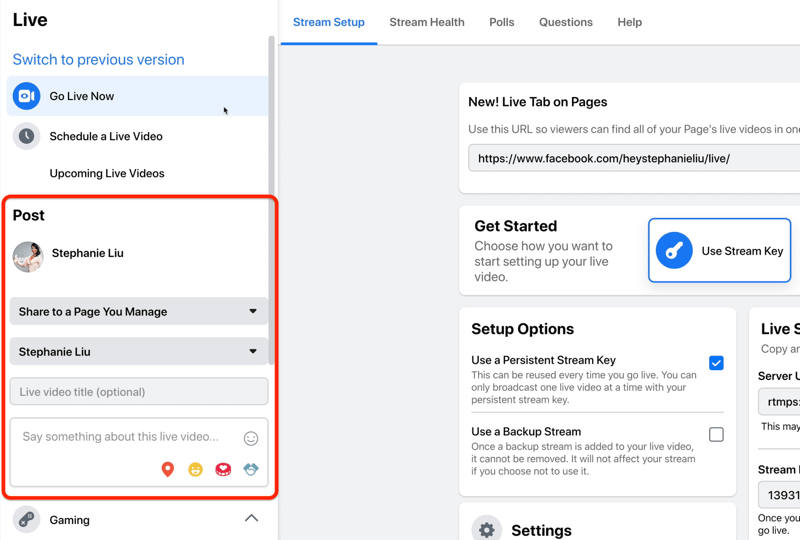 facebook live stream setup option to add the post details for your live video