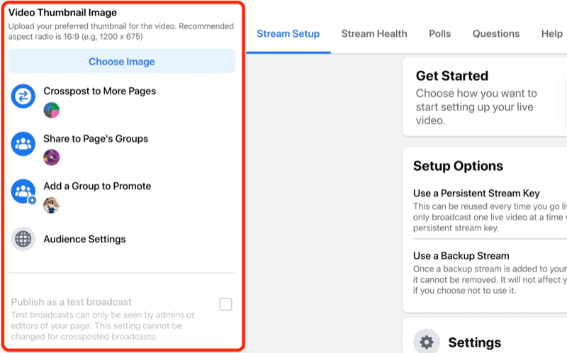 facebook live stream setup option to select the thumbnail image for your video