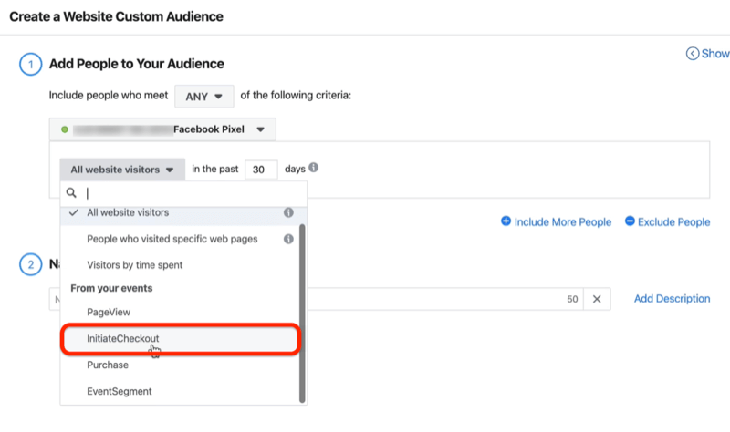 screenshot of the InitiateCheckout option circled in red in the Create a Website Custom Audience window