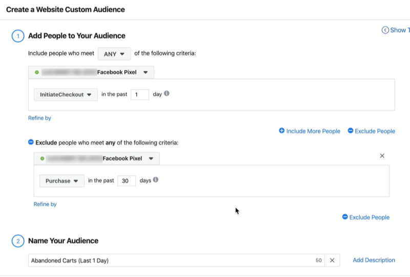 screenshot of the Create a Website Custom Audience window with the settings InitiateCheckout in the last 1 day and exclude purchases in the last 30 days