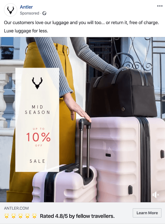 example of a sponsored ad for a 10% discount during the mid-season sale by antler