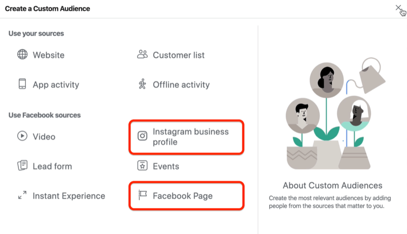 screenshot of the Create a Custom Audience window with the Instagram Business Profile and Facebook Page options circled in red