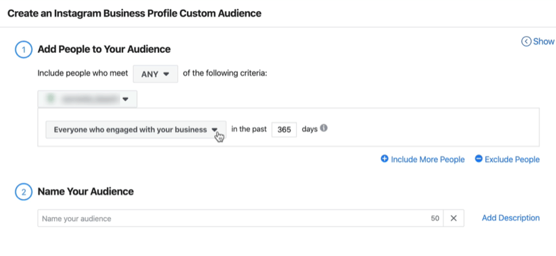 screenshot of the Create an Instagram Business Profile Custom Audience window with the default settings of Everyone Who Engaged With Your Business in the last 365 days