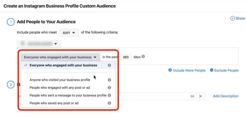 screenshot of the Everyone Who Engaged With Your Business drop-down menu options in the Create an Instagram Business Profile Custom Audience window