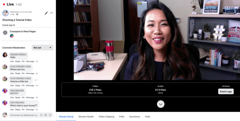 sample of facebook live stream as it appears to the stream host with comments along the left of the main screen, which includes your broadcast video and stream setting info