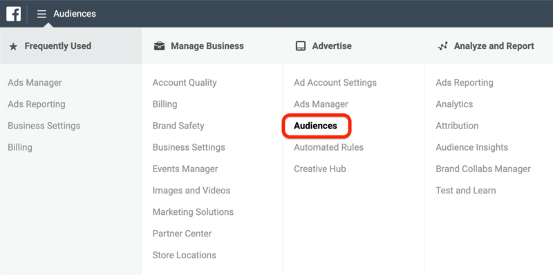 screenshot of the Audiences option circled in red in Facebook Ads Manager menu