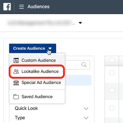 screenshot of the Lookalike Audience option circled in the Create Audience drop-down menu in Ads Manager