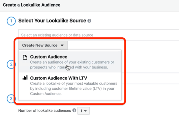 screenshot of the Create New Source drop-down menu circled in red in the Create a Lookalike Audience window