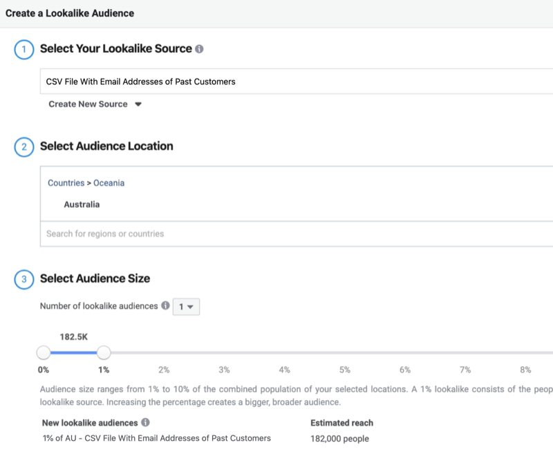 screenshot of the Create a Lookalike Audience window fields filled in to create a %1 lookalike audience based on a customer list custom audience