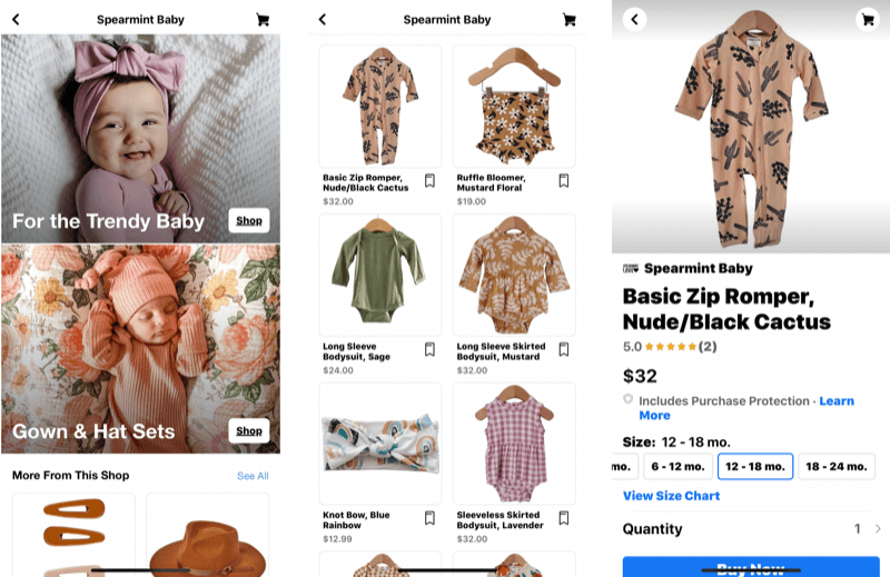 three screenshots showing the various stages of a facebook pages shops post with a shoppable item of a desert-themed baby romper