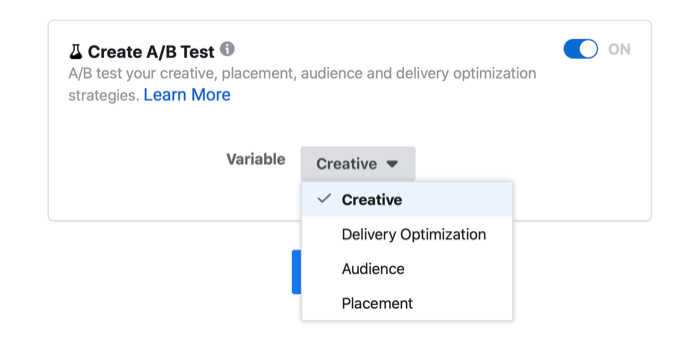 facebook ad a/b testing setting showing the variable options of creative, delivery optimization, audience, and placement