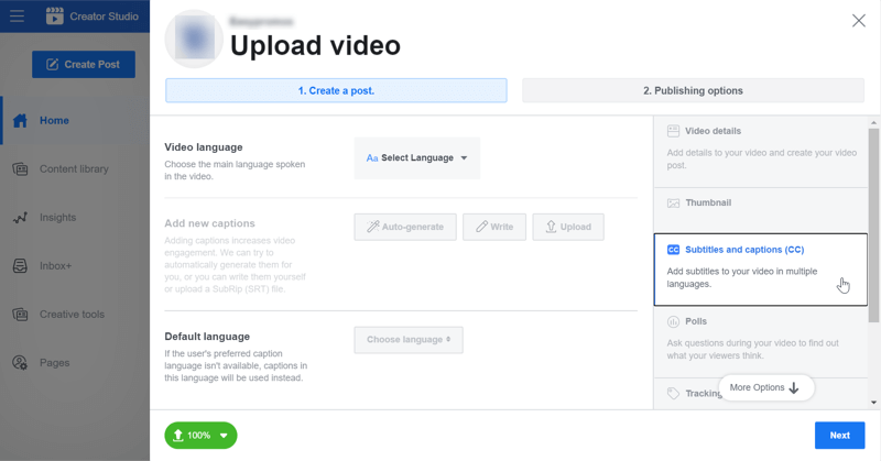 Screenshot of the Facebook Creator Studio interface for uploading videos. Users can edit the video language, auto-generate captions, write captions, upload captions, or change default language.