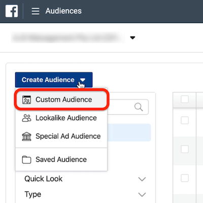 screenshot of the Custom Audience option circled in red in the Create Audience drop-down menu in Ads Manger