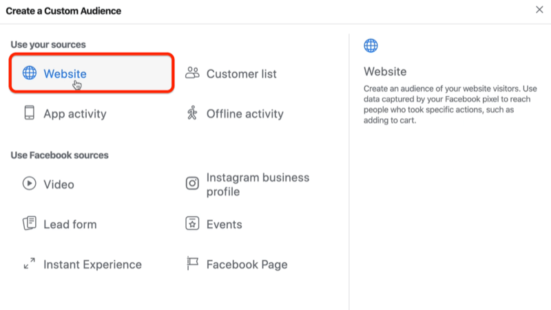 screenshot of the Website option selected as source for a Facebook custom audience