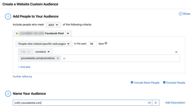 screenshot of Create a Website Custom Audience window fields filled in to create custom audience of People Who Visited Specific Web Pages in the last 45 days