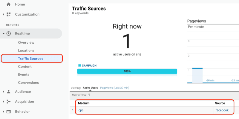 google analytics menu showing the traffic sources report under real time and the traffic sources report showing the just created url is being seen and recorded in google analytics