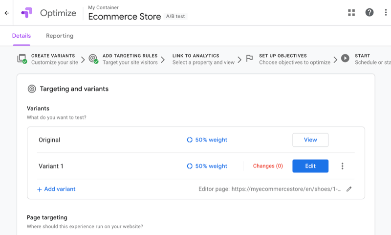 screenshot of google optimize with several targets or variants shown