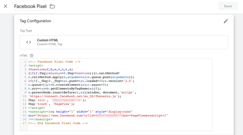 sample of facebook pixel code as it should appear in the header of a website